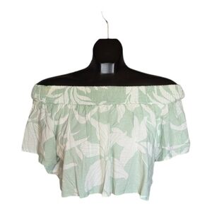 S • Kiwi + Punch • Seafoam Green Tropical Off-Shoulder Crop Top